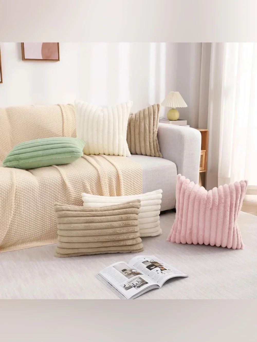 Faux Fur 26x26 Pillow Covers Blush Pink Set Of 2 Luxury Soft Stipe Large 🩷🐰
